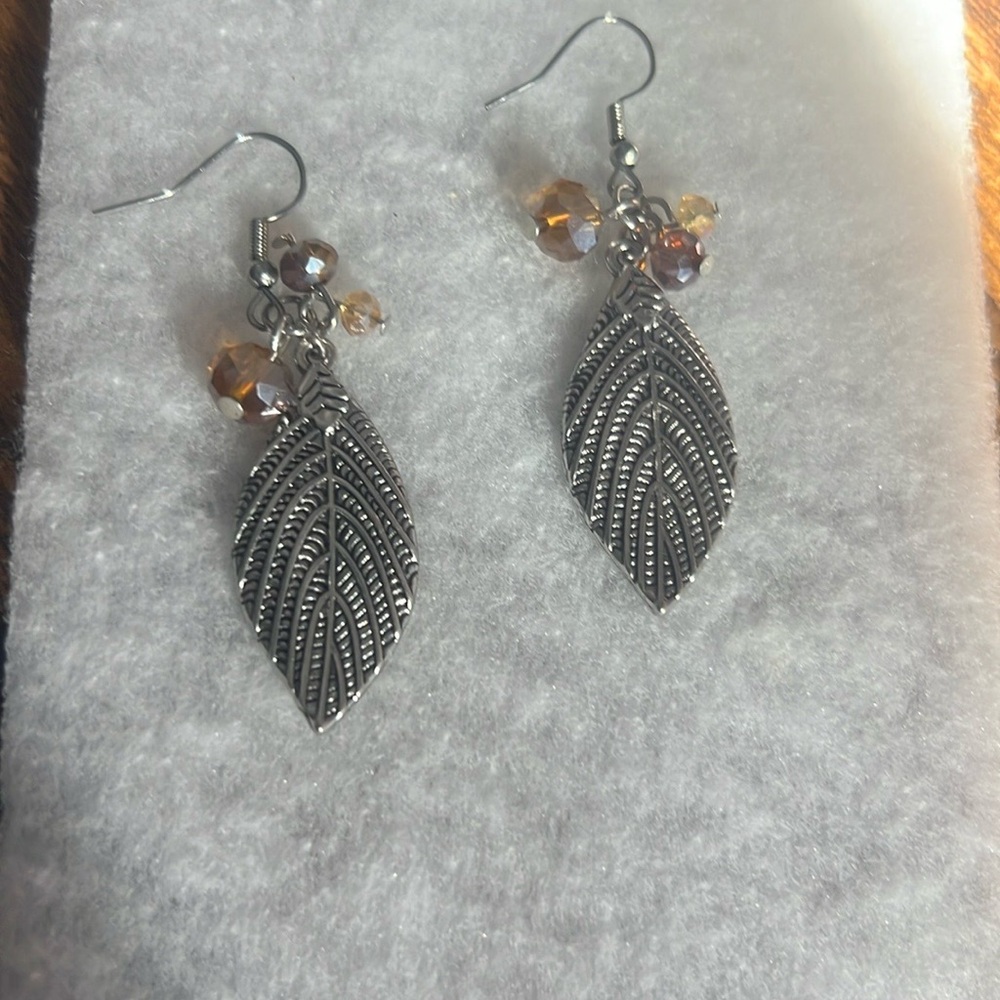 Bohemian Silver and Brown Leaf Earrings with Filigree Design